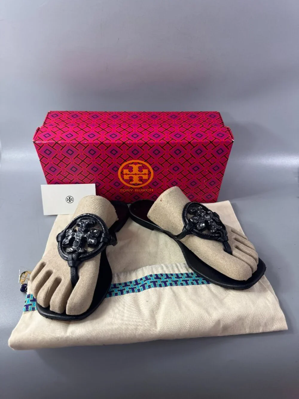 Tory Burch Embellished Crystal Miller Black Leather Sandal, Size 8